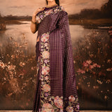 Deep Purple Checkered With Multicolor Floral Motif Border Designer Saree
