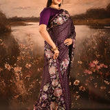 Deep Purple Checkered With Multicolor Floral Motif Border Designer Saree