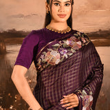 Deep Purple Checkered With Multicolor Floral Motif Border Designer Saree