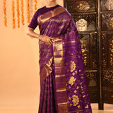 Purple With Gold Zari Jaal Weave And Floral Butta Pallu On Kanjivaram Silk Saree