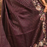 Deep Purple Checkered With Multicolor Floral Motif Border Designer Saree