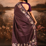 Deep Purple Checkered With Multicolor Floral Motif Border Designer Saree