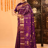 Purple With Gold Zari Jaal Weave And Floral Butta Pallu On Kanjivaram Silk Saree