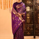 Purple With Gold Zari Jaal Weave And Floral Butta Pallu On Kanjivaram Silk Saree