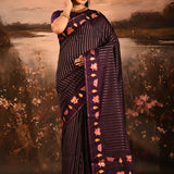 Dark Purple With Striped And Vibrant Embroidered Border Designer Saree