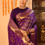Purple With Gold Zari Jaal Weave And Floral Butta Pallu On Kanjivaram Silk Saree