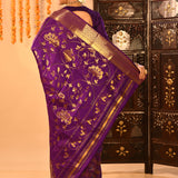 Purple With Gold Zari Jaal Weave And Floral Butta Pallu On Kanjivaram Silk Saree