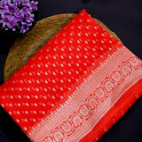 Red Kanjivaram Silk Saree With Silver Zari Butti And Woven Floral Border