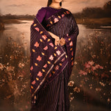 Dark Purple With Striped And Vibrant Embroidered Border Designer Saree