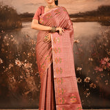 Dusky Rose Pink With Checks And Floral Embroidery Border Designer Saree