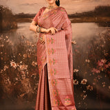 Dusky Rose Pink With Checks And Floral Embroidery Border Designer Saree