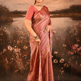 Dusky Rose Pink With Checks And Floral Embroidery Border Designer Saree