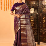 Purple With All Over Strips And Butti On Kanjivaram Silk Saree