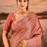 Dusky Rose Pink With Checks And Floral Embroidery Border Designer Saree