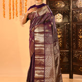 Purple With All Over Strips And Butti On Kanjivaram Silk Saree
