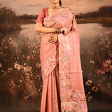Dusty Pink Checkered With Multicolor Floral Motif Border Designer Saree