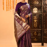 Purple With All Over Strips And Butti On Kanjivaram Silk Saree