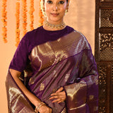 Purple With All Over Strips And Butti On Kanjivaram Silk Saree