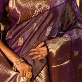 Purple With All Over Strips And Butti On Kanjivaram Silk Saree