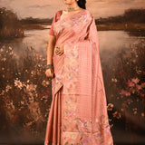 Dusty Pink Checkered With Multicolor Floral Motif Border Designer Saree