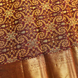 Deep Wine Gold Zari Floral Jaal Pure Silk Kanjivaram Saree With Heavy Contrast Gold Pallu
