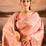 Dusty Pink Checkered With Multicolor Floral Motif Border Designer Saree