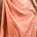 Dusty Pink Checkered With Multicolor Floral Motif Border Designer Saree
