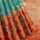Teal And Rust Orange Gold Zari Checks Pure Silk Kanjivaram Saree With Shikargah Border And Pallu