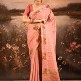 Dusty Rose Dotted Weave With Floral Leaf Border Designer Saree