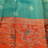 Teal And Rust Orange Gold Zari Checks Pure Silk Kanjivaram Saree With Shikargah Border And Pallu