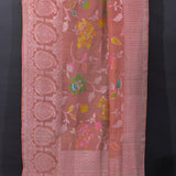 Peach Banarasi Silk Saree With Silver All-Over Floral Weave & Multicolour Lotus Motifs
