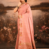Dusty Rose Dotted Weave With Floral Leaf Border Designer Saree