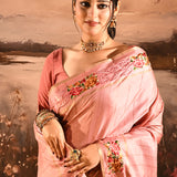 Dusty Rose Dotted Weave With Floral Leaf Border Designer Saree