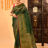 Bottle Green With Gols Zari Buttis And Zari Pallu Kanjivaram Silk Saree
