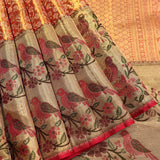 Mustard Gold Meenakari Bird And Floral Jaal Pure Silk Kanjivaram Saree With Contrast Red Pallu
