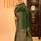 Bottle Green With Gols Zari Buttis And Zari Pallu Kanjivaram Silk Saree