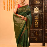 Bottle Green With Gols Zari Buttis And Zari Pallu Kanjivaram Silk Saree