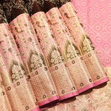 Dark Brown And Pink Silver Zari Bird Floral Jaal Pure Silk Kanjivaram Saree With Contrast Pink Pallu