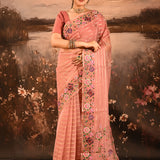 Dusty Rose Sheer Striped With Butterfly And Floral Embroidered Border Designer Saree