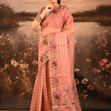 Dusty Rose Sheer Striped With Butterfly And Floral Embroidered Border Designer Saree
