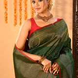 Bottle Green With Gols Zari Buttis And Zari Pallu Kanjivaram Silk Saree