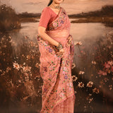 Dusty Rose Sheer Striped With Butterfly And Floral Embroidered Border Designer Saree
