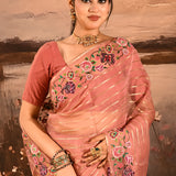 Dusty Rose Sheer Striped With Butterfly And Floral Embroidered Border Designer Saree
