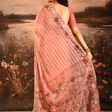 Dusty Rose Sheer Striped With Butterfly And Floral Embroidered Border Designer Saree