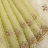 Pista Green Kanjivaram Organza Saree With Gold Sequin Floral Jaal Embroidered Border