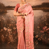Peach With Gold And Silver Zari Strips With Meenakari Border Embroidery Designer Saree
