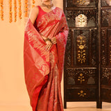 Crimson Red Shikargah Motif Traditional Kanjivaram Silk Saree