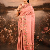 Peach With Gold And Silver Zari Strips With Meenakari Border Embroidery Designer Saree