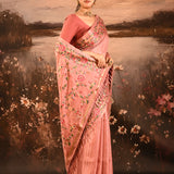 Peach With Gold And Silver Zari Strips With Meenakari Border Embroidery Designer Saree