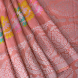 Peach Banarasi Silk Saree With Silver All-Over Floral Weave & Multicolour Lotus Motifs
